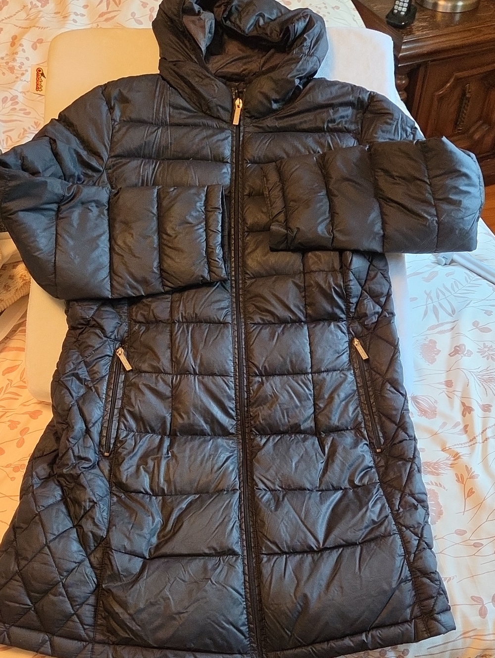 Michael Kors Long Lightweight Black Puffer Jacket with Gold Logo